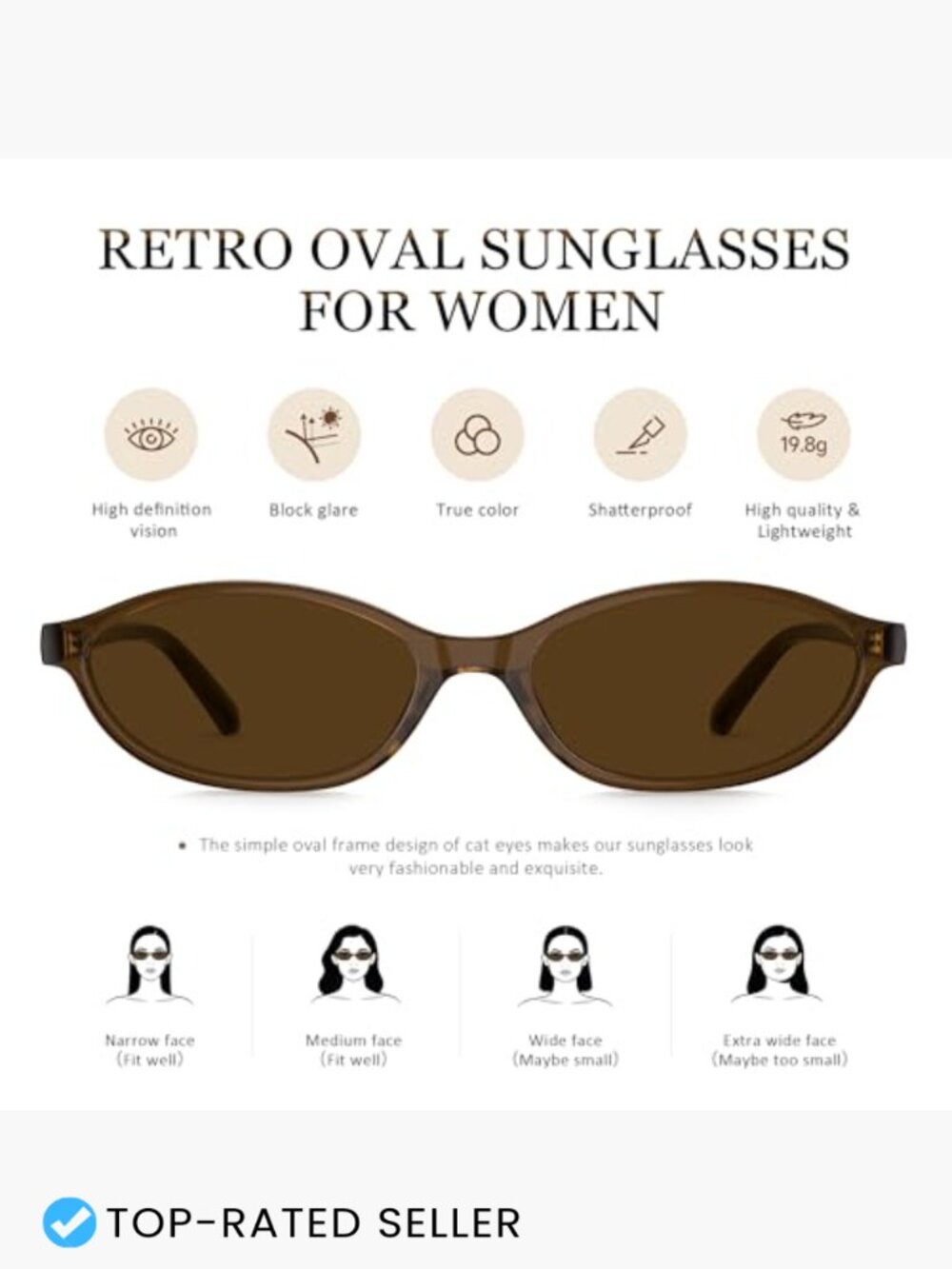 Retro Oval Cat Eye Sunglasses Y2K 90s UV400 Protection Lightweight Narrow Shades - Picture 4 of 7
